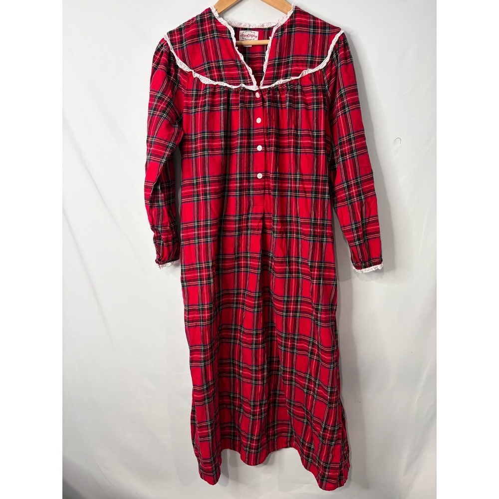 Lanz of Salzburg Red Plaid Cotton Flannel Nightgown Lace Trim XS Pockets Cottage